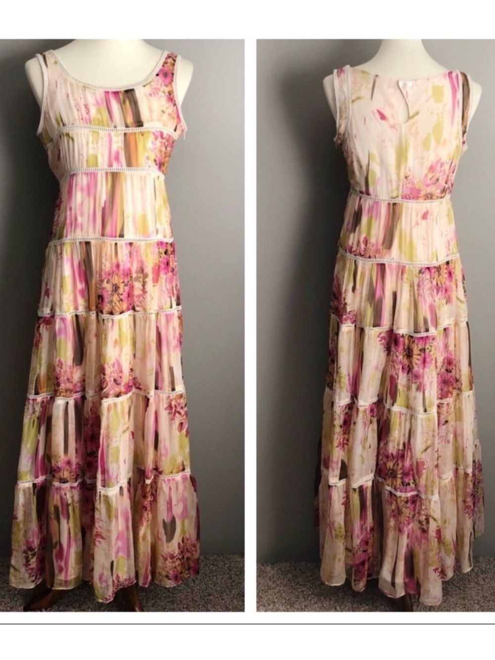 Sundance silk Floral Tiered Maxi Dress in Pink and Cream